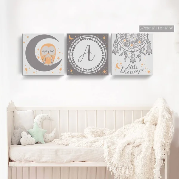 Little Dreamer 3-Pc Canvas Monogram Nursery Wall Art Set - M