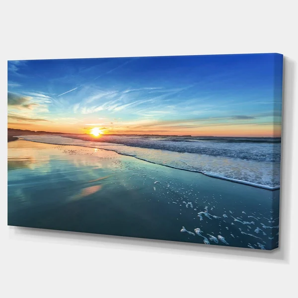 Designart &Blue Seashore with Distant Sunset & Seascape Canvas Art Print - Size: 60 inch x 28 inch