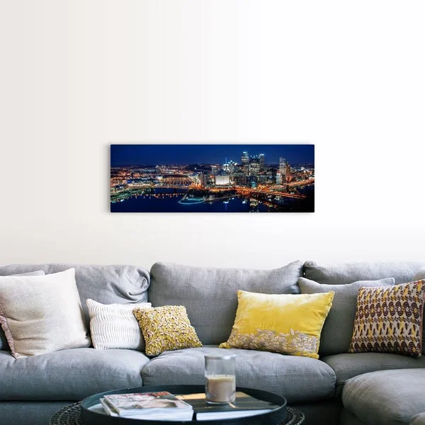 Panoramic Pittsburgh City Skyline at Night - Canvas Wall Art, 48x16, Great Big Canvas