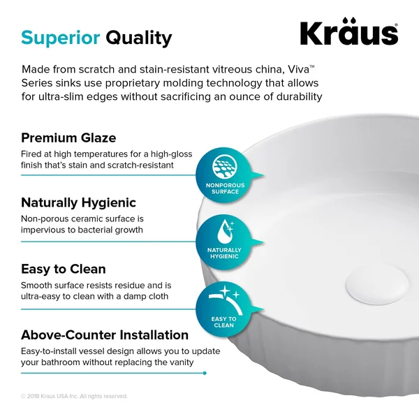 Kraus KCV-201GWH Viva 15 3/4 inch White Round Porcelain Ceramic Vessel Bathroom Sink