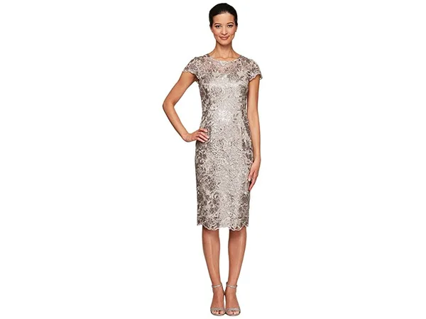 Alex Evenings Short Embroidered Cap Sleeve Women's Dress Taupe : 4