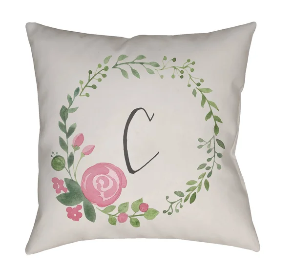 18x22 White and Green Floral C Initial Printed Square Throw Pillow Cover