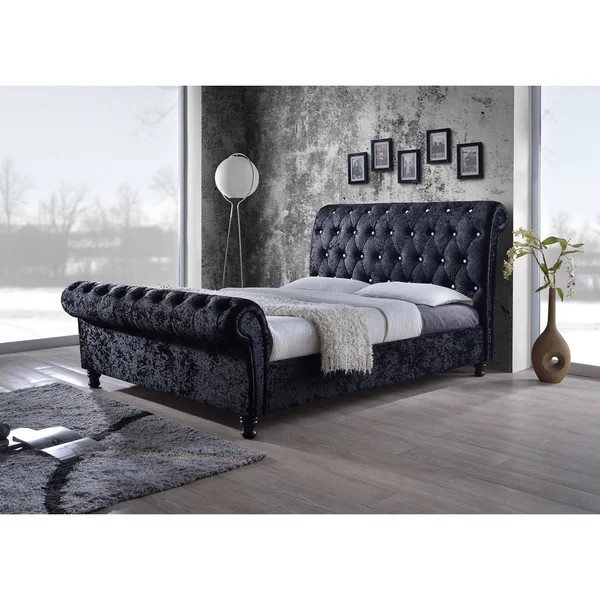 Baxton Studio Castello Black Velvet Upholstered Faux Crystal-Buttoned Sleigh Platform Bed - Queen