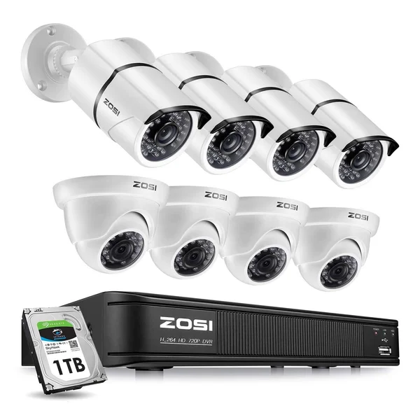 ZOSI 720p HD-TVI 8 Channel Security Camera System, 1080N Surveillance DVR Reorder with Hard Drive 1TB and (8) HD 1280tvl Outdoor