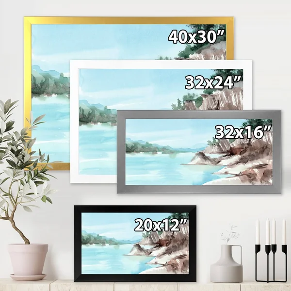 Designart 'Rocks by The Blue Lake' Lake House Framed Art Print - 40 in. Wide x 30 in. High - Black