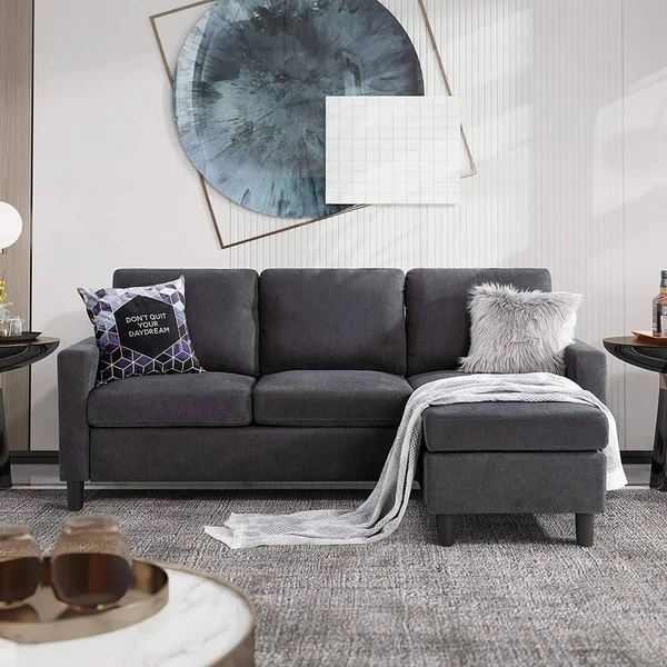 Futzca Convertible Sectional Sofa Couch with Reversible Chaise - Modern Linen Fabric L-Shaped Couch for Small Space - Ash