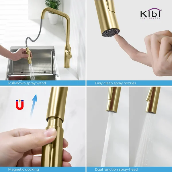 KIBI Lead Free Solid Brass High Arc Pull Out Single Level Kitchen Faucet Chrome