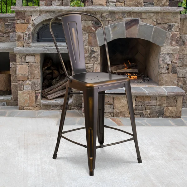 24x22 High Distressed Metal Indoor-Outdoor Counter Height Stool with Back - 17.75x22W x 22x22D x 40.25x22H - Black