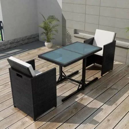3-Piece Patio Wicker Bistro Set with 4 Cushions - Glass Coffee Table, Patio Bistro Table and Chair Set, Outdoor Porch Conversatio