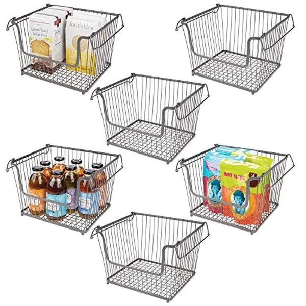 mDesign Modern Stackable Metal Storage Organizer Bin Basket with Handles - Open Front for Kitchen Cabinets, Pantry, Closets, Bed