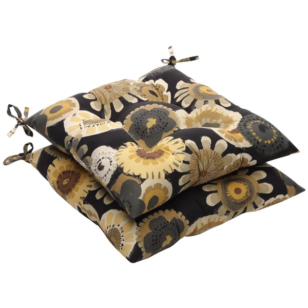 Pillow Perfect Outdoor Floral Tufted Seat Cushion - 19 x 18.5 x 5 in. - Set of 2 - Black