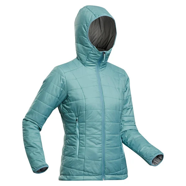 Forclaz Women's Trek 100, Light Backpacking Padded Down Jacket with Hoodie in Grey Blue, Size Xs