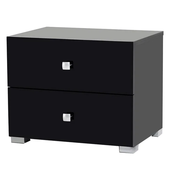 Benzara 2 Drawer Wooden Nightstand with Square Shaped Metal Pulls, Black and Silver - Bm219305