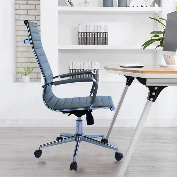 2xhome Executive Ergonomic High Back Modern Office Chair Ribbed PU Leather Swivel for Manager Conference Computer Room - Grey