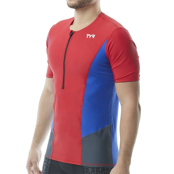 TYR Tsscom6a Men's Competitor Short Sleeve Top - Red/Blue/Grey, M