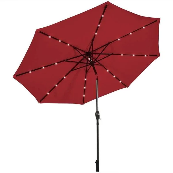 Costway 10& Solar LED Lighted Patio Market Umbrella Shade Tilt Adjustment Crank-Burgundy