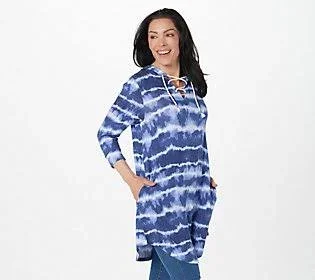 Koolaburra by Ugg French Terry 3/4 Sleeve Hooded Lounger - Size Large, ChambrayShibori
