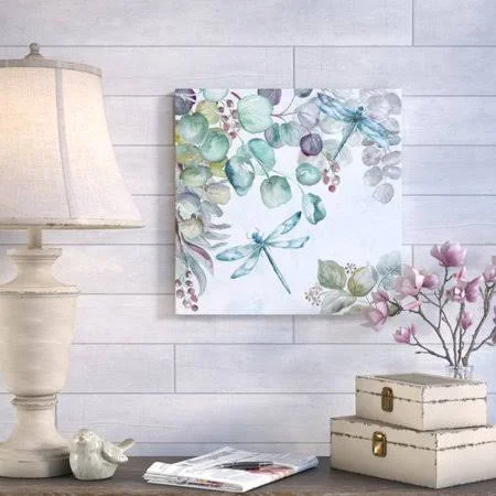 August Grove &Eucalyptus and Dragonfly& Watercolor Painting Print on Wrapped Canvas - Size: 30 inch x 30 inch, Blue