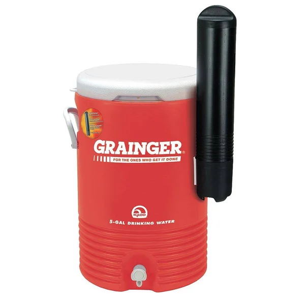 Insulated Beverage Dispenser: Plastic, 5 Gal Capacity, 19 1/2 in Exterior Ht, Red, Beverage Cooler, Lid