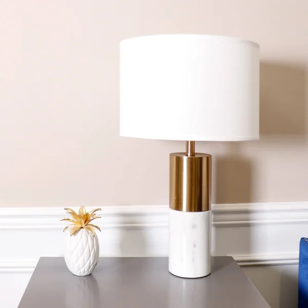 Pasargad Home PMT-29011 25 in. Modern Marble & Metal Pillar Rhoda Table Lamp with Light E27 Bulb White & Gold