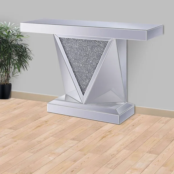 Benzara Wood and Mirror Console Table with Faux Crystals Inlay - Clear