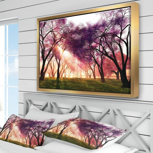 Designart 'Cherry Blossoms Japan Garden' Landscape Framed Canvas Art Print (42 in. Wide x 32 in. High), Black, Design Art