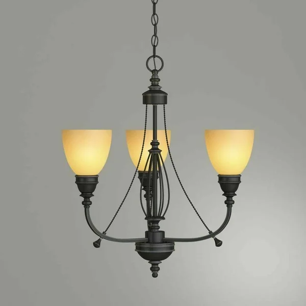 Commercial Electric 3-Light Bronze Chandelier with Tea Stained Glass Shades