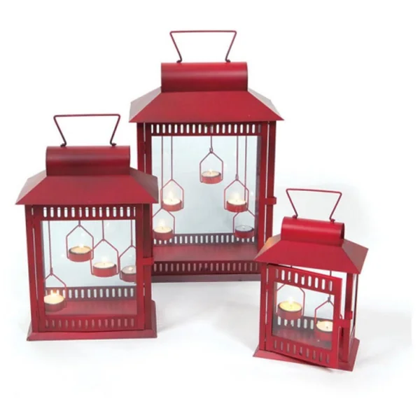 Set of 3 Red Christmas Indoor/Outdoor Tea Light Candle Lanterns 18x22