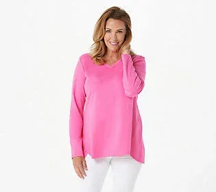 Isaac Mizrahi Live! Essentials Pima V-Neck Hi-Low Hem Top, Size Medium, Favorite Pink