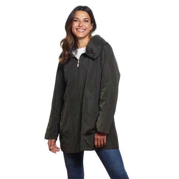 Martha Stewart Pleated Hood Rain Coat - Polyester in Deep Olive, Xs