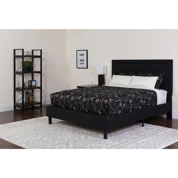BSD National Supplies, Logan Queen Size Black Fabric Platform Bed with Button Tufted Headboard