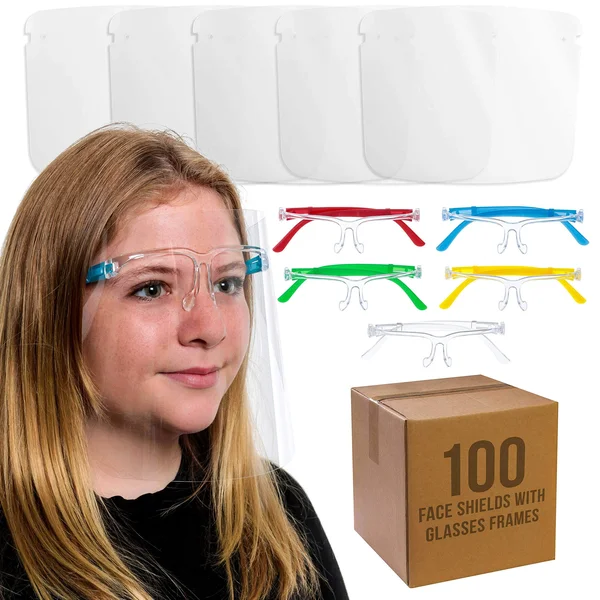 Salon World Safety 100 Kids Face Shields with Glasses Frames (20 Packs of 5) - 5 Colors, 20 Each - Protective Children's Full Fa