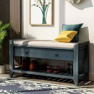 Shoe Rack with Cushioned Seat and Drawers - Multipurpose Entryway Storage Bench, Gray Wash Longshore Tides Color/Pattern: Antique