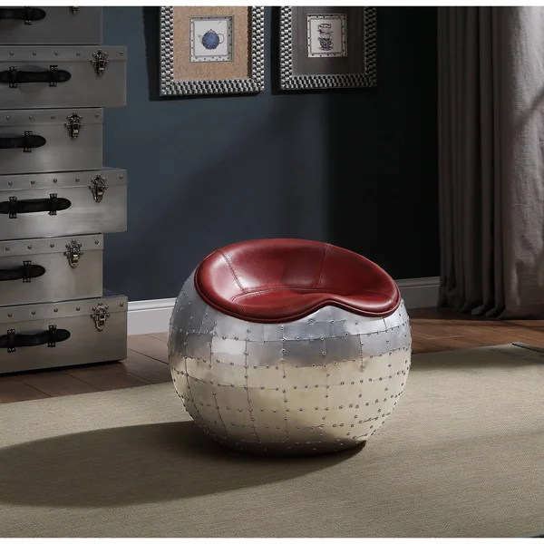 Acme Brancaster Ottoman Antique Red Top Grain Leather Aluminum