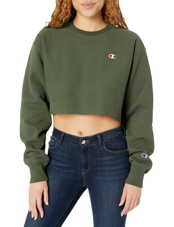 Champion Women's Reverse-Weave Cropped Cut-Off Hoodie - Green, XL