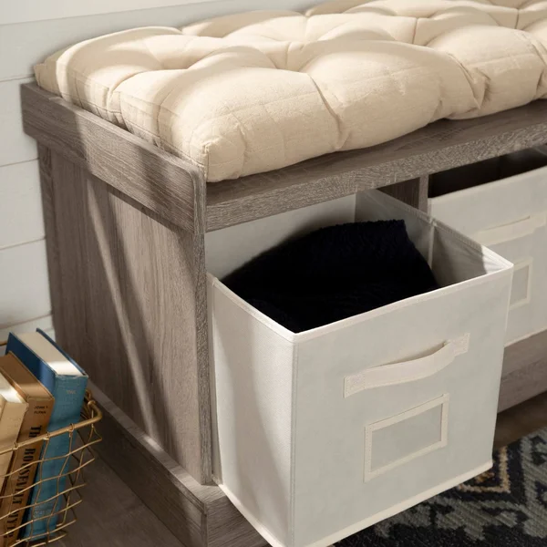 We Furniture 42-Inch Driftwood Storage Bench with Totes and Cushion