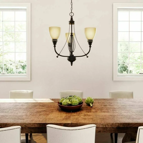 Commercial Electric 3-Light Bronze Chandelier with Tea Stained Glass Shades