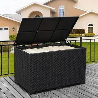 Generic Outdoor Wicker Storage Box, Big Size, Resin Black Rattan Deck Bin with Lid, 150 Gallon, Waterproof Liner Container for Pati