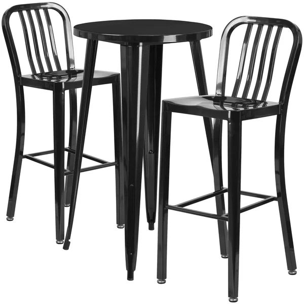 24'' Round Black Metal Indoor-Outdoor Bar Table Set with 2 Vertical Slat Back Stools