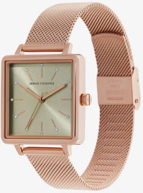 Armani Exchange Three-Hand Rose Gold-Tone Mesh Stainless Steel Watch