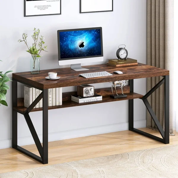 Faux Wood Computer Desk with Shelf - 55 inch Study Writing Table Workstation, Rustic Brown