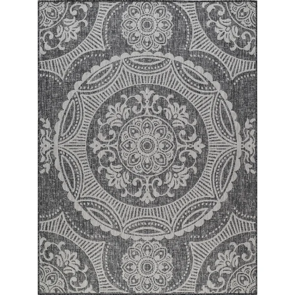 Beverly Rug Waikiki Collection Indoor/Outdoor Medallion Area Rug- Dark Grey - Light Grey - WKK20609 - 7&10x22 x10&0x22