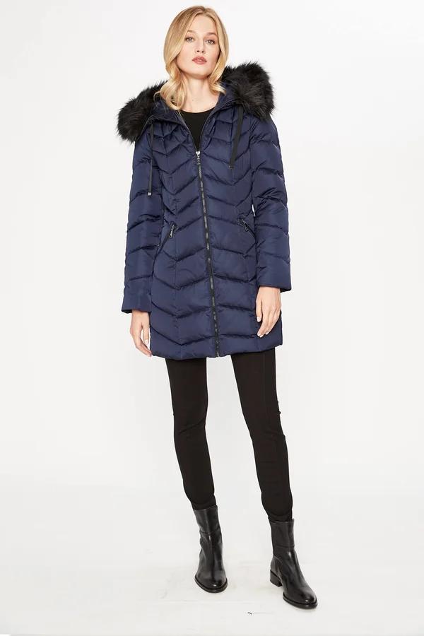 Tahari Gwen Womens Faux Fur Trim Midi Down Coat - Galaxy
