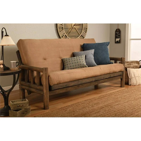 Kodiak Furniture Lodge Futon with Suede Peat Fabric Mattress in Walnut/Tan