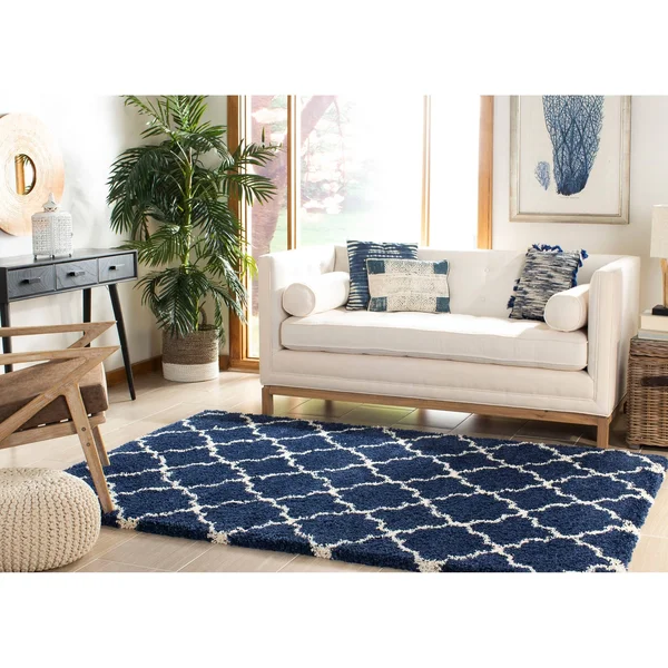 Safavieh Hudson Shag Vitchka Glam Trellis 2-Inch Thick Rug - 5& x 5& Round - Slate Blue/Ivory