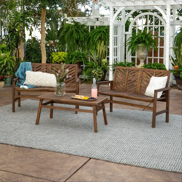 Walker Edison 3-Piece Chevron Outdoor Patio Loveseat Chat Set - Dark Brown