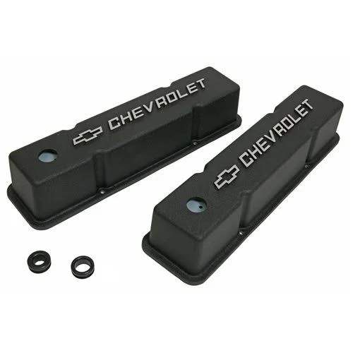 SBC 350 - 400, 305 Summit Racing Die-Cast Logo Aluminum Valve Covers - Black Wrinkle, Tall, Small Block Chevy, Summit Racing Equ