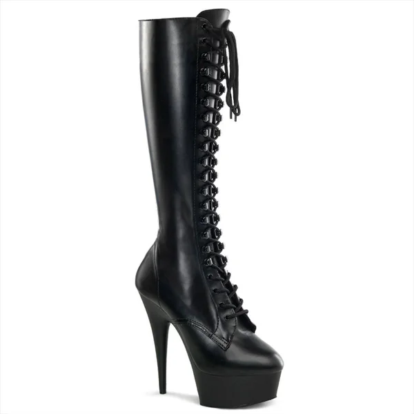 Pleaser DELIGHT-2023 Black Stretch Pu-Black Matte Knee High Boots - 13 Black
