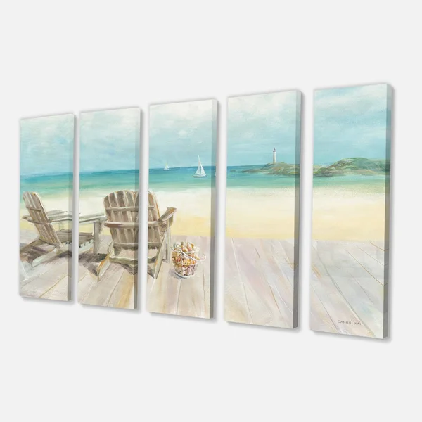 Designart 'Seaside Morning No Window' Coastal Gallery-Wrapped Canvas - 48 in. Wide x 28 in. High - 4 Panels