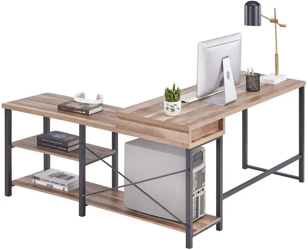 Bon Augure L Shaped Desk with Shelves - Reversible Corner Computer Desk, Rustic W
